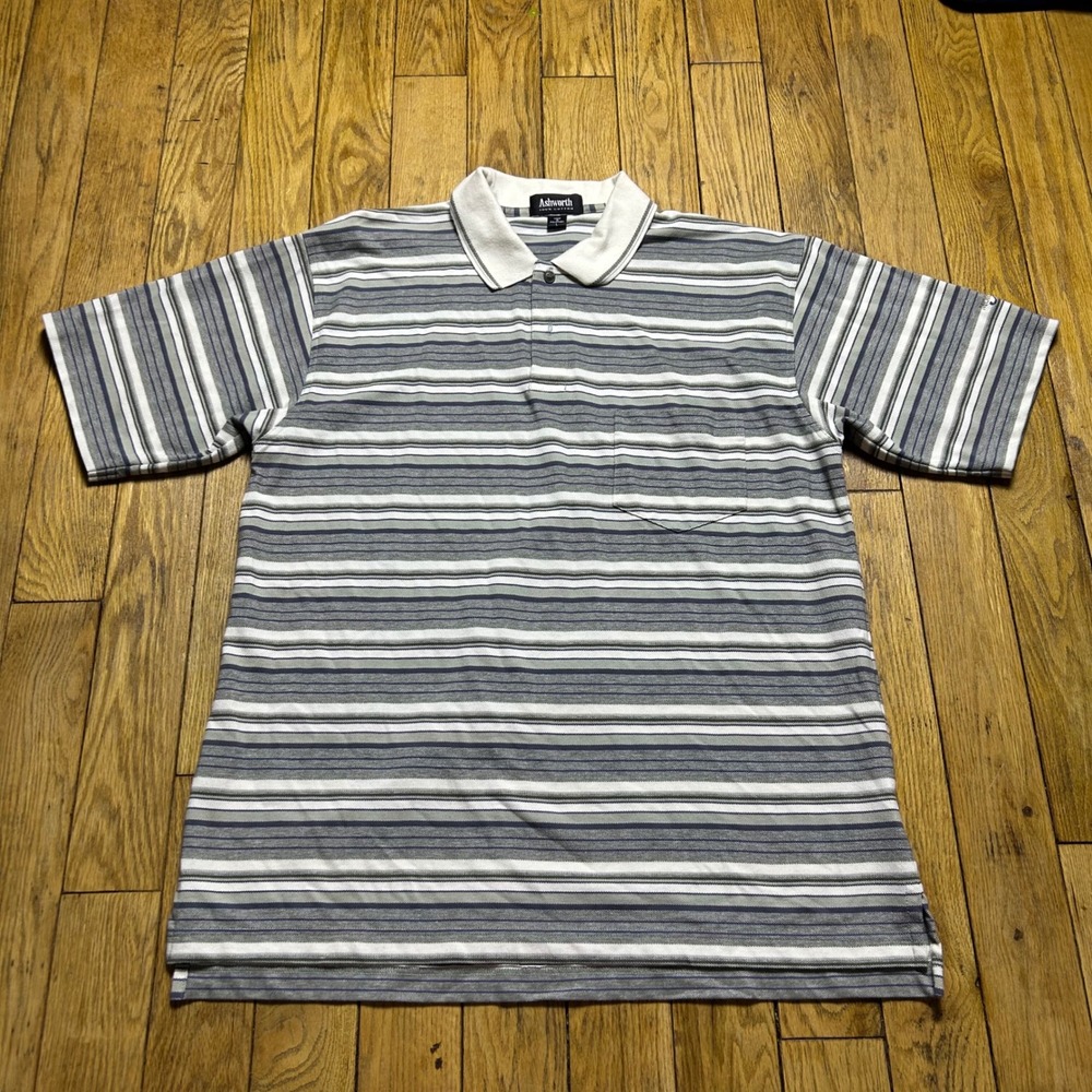 Ashworth Mens Striped Polo Shirt Grey Blue White Cotton Short Sleeve Large‎